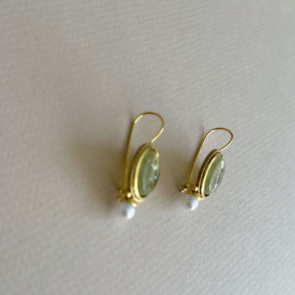 Anthropologie Green Glass Flower Drop Earrings with Pearl - Picture 3 of 3